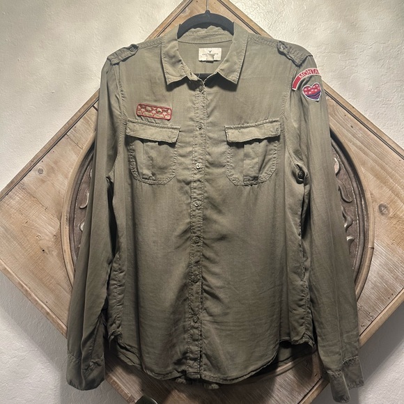 American Eagle Olive Green Military Top button up - Picture 2 of 5